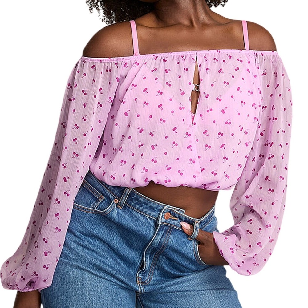 Victoria's Secret PINK Sheer Cherry Print Keyhole Top Rhinestone Heart Charm